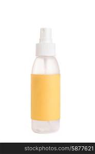 A plastic spray bottle with a yellow label and a white top on a white background.