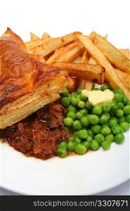 A plate of beef pie with puff pastry, french fried potatoes, or chips, and green peas with a knob of butter.