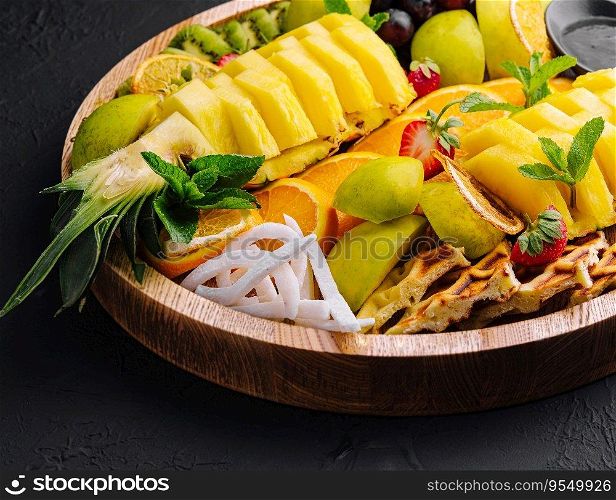 A plate of fruit assorted on black stone