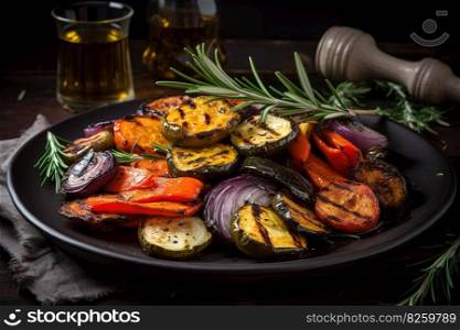 A plate of grilled vegetables with a sprig of rosemary on top. The vegetables should be arranged in an artful way and should be drizzled with olive oil. Generative AI