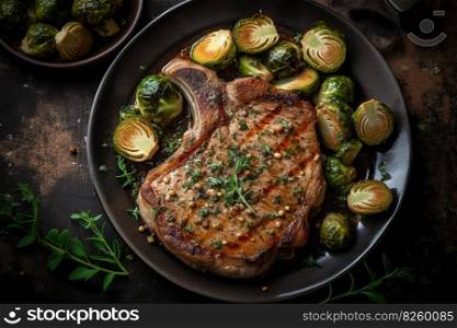 A plate of pork chops with roasted Brussels sprouts and garlic. Generative Ai