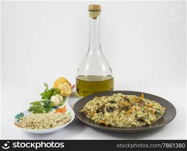 "A plate of "risotto" with mushrooms and its ingredients on white background"
