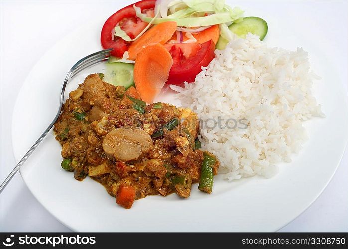 A plate of vegetable shabnam vegetarian mushroom curry with rice and salad, viewed close-up