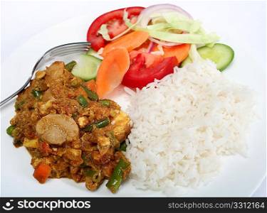 A plate of vegetable shabnam vegetarian mushroom curry with rice and salad, viewed close-up