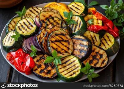 A platter of grilled zucchini, eggplant, and bell peppers. The vegetables should be sliced and arranged in a colorful pattern. Generative AI