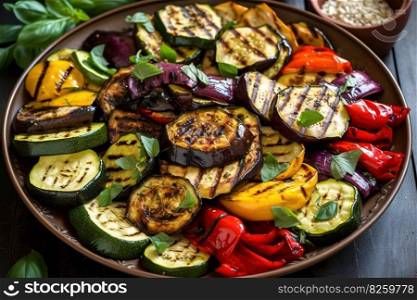 A platter of grilled zucchini, eggplant, and bell peppers. The vegetables should be sliced and arranged in a colorful pattern. Generative AI