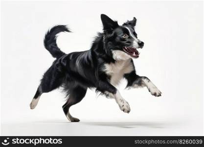 A playful, action shot of a dog happily catching a toy ball, capturing the canine’s energy, agility, and love for playtime on white background. Generative AI