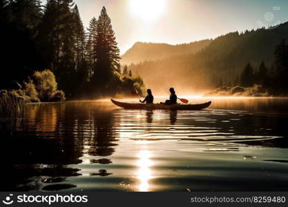 A playful, outdoor adventure scene, showcasing a couple kayaking or paddle boarding together on a calm, crystal-clear lake or river, surrounded by a picturesque, sunlit natural setting. Generative AI. A playful, outdoor adventure scene, showcasing a couple kayaking together on a calm, crystal-clear lake or river, surrounded by a picturesque, sunlit natural setting. Generative AI