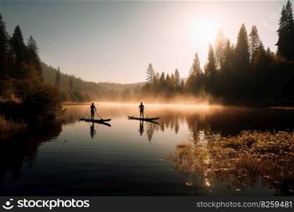 A playful, outdoor adventure scene, showcasing a couple paddle boarding together on a calm, crystal-clear lake or river, surrounded by a picturesque, sunlit natural setting. Generative AI