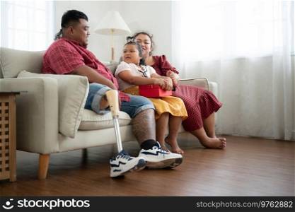 A plus size family with a father wearing a prosthetic leg, Give a gift to a daughter who does well in school and receives acclaim from her teachers, in the living room of the house.