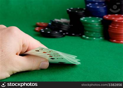 A poker hand which holds a straight