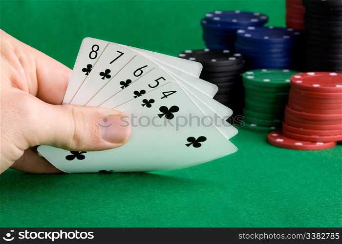 A poker hand with a straight flush