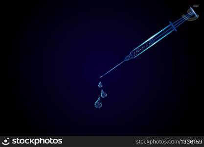 A polygon syringe with plenty of light shining along and dropping the medicine on the dark blue ground