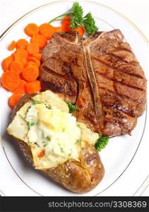 A porterhouse (or T-bone) steak served with baked potato and boiled carrots, viewed from above
