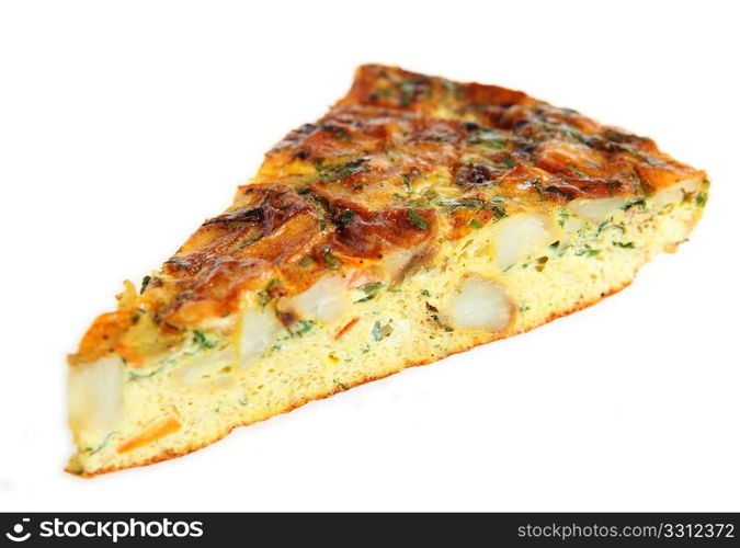 A portion of Spanish omelet or tortilla de patatas isolated on a white background.