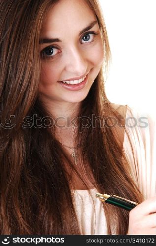 A portrait closeup of a beautiful girl with a notebook in her hand and long brunette hair, smiling, for white background.