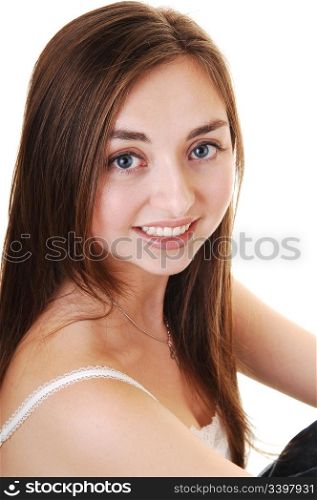 A portrait closeup of a beautiful girl with blue eyes and long brunettehair, smiling, for white background.
