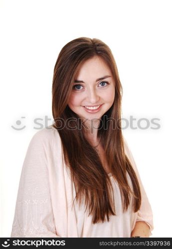 A portrait closeup of a beautiful girl with blue eyes and long brunettehair, smiling, for white background.