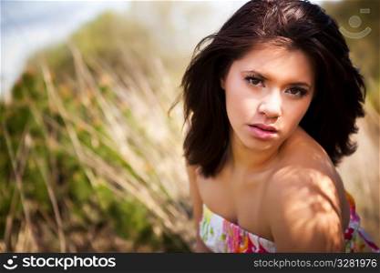 A portrait of a beautiful mixed race girl outdoor