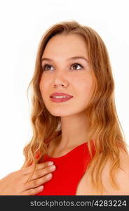 A portrait of a beautiful young woman in a red dress, looking up,isolated for white background.