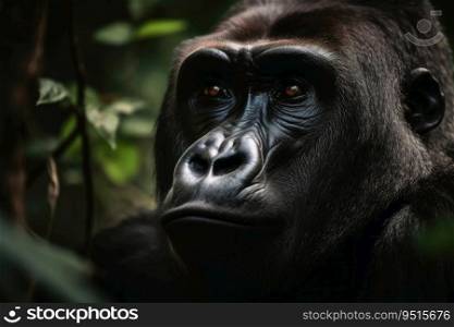 A portrait of a big male gorilla in the jungle created with generative AI technology