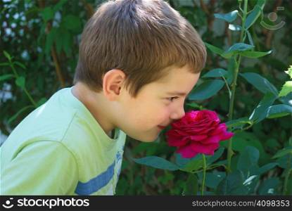 A portrait of a boy smiling and smelling a rose.