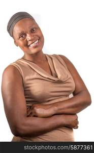 A portrait of a happy and friendly woman on an isolated white background.