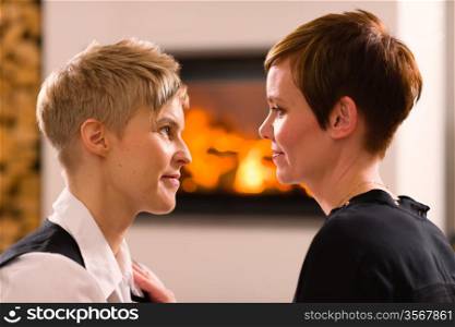 A portrait of a lesbian couple in love, fireplace on background, horizon format