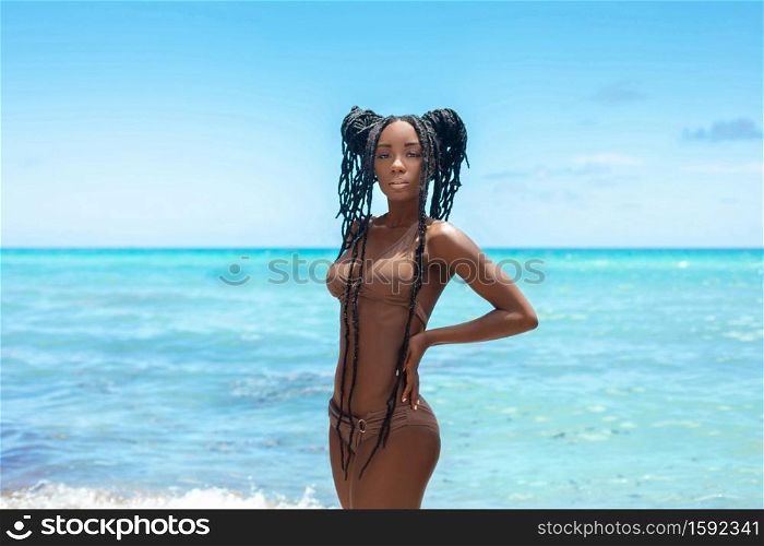 A portrait of a sensual looking attractive young black female with beautiful makeup & long dreadlocks posing by herself on a sunny summer day at a tropical beach wearing a brown bikini.