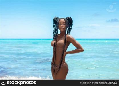 A portrait of a sensual looking attractive young black female with beautiful makeup & long dreadlocks posing by herself on a sunny summer day at a tropical beach wearing a brown bikini.