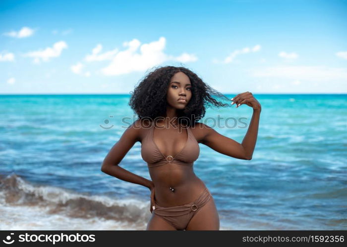 A portrait of a sensual looking attractive young black female with beautiful makeup & long curly hair posing by herself on a sunny summer day at a tropical beach wearing a brown bikini.