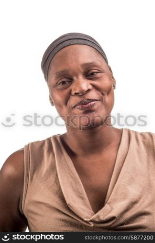 A portrait of a smiling, happy woman on a white isolated background.