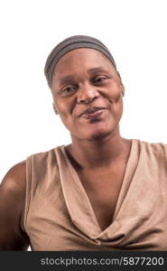 A portrait of a smiling, happy woman on a white isolated background.