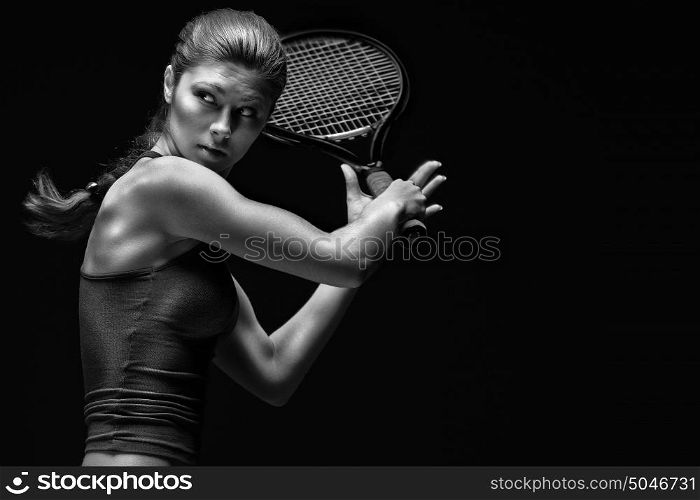 A portrait of a tennis player with a racket.