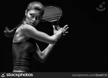 A portrait of a tennis player with a racket.