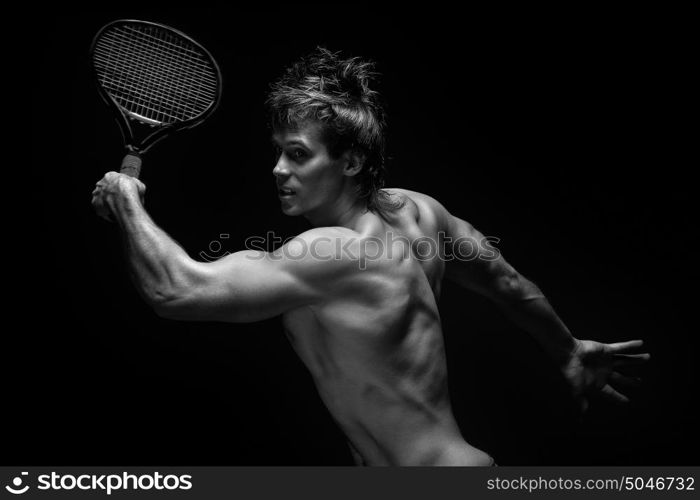 A portrait of a tennis player with a racket.