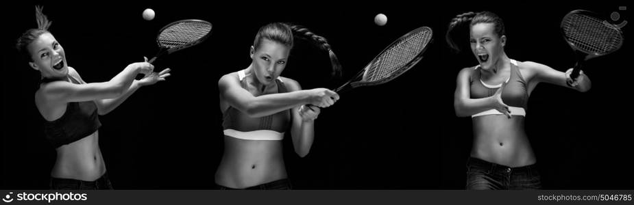 A portrait of a tennis player with a racket.