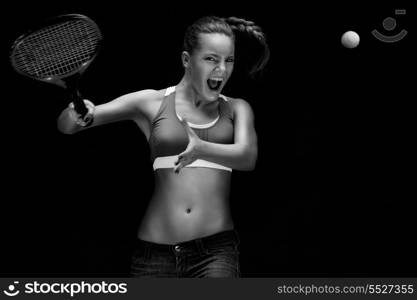 A portrait of a tennis player with a racket.