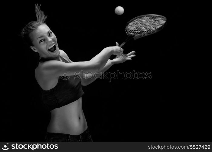 A portrait of a tennis player with a racket.