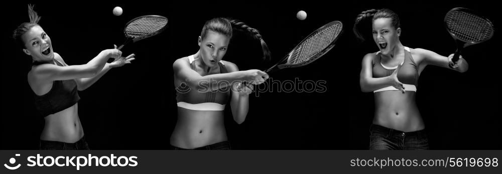 A portrait of a tennis player with a racket.