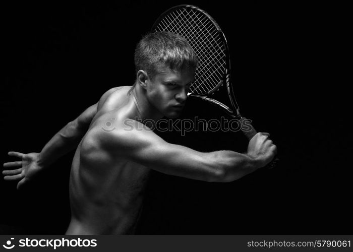 A portrait of a tennis player with a racket.