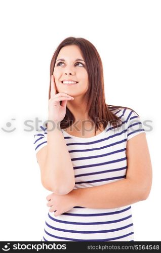 A portrait of a young woman trying to make a decision, isolated over white background