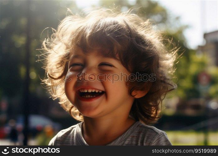 A portrait of happy smiling boy on a sunny day created with generative AI technology