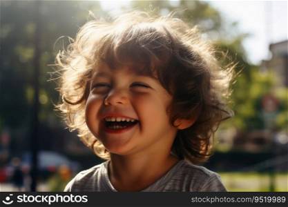 A portrait of happy smiling boy on a sunny day created with generative AI technology