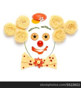 A portrait of joyful clown made of cheese and noodles.