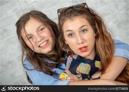 a portrait of pretty beautiful charming adorable with long hair girl and her older friend