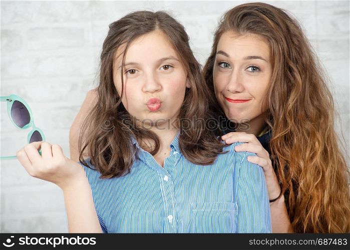 a portrait of pretty beautiful charming adorable with long hair girl and her older friend