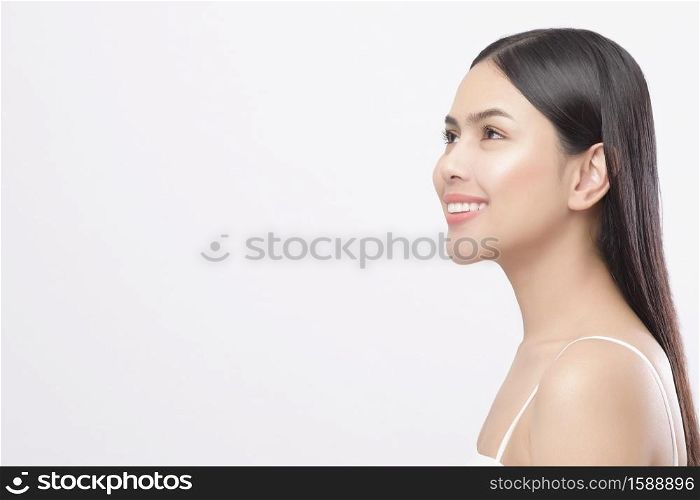 A portrait of young beautiful woman with smooth healthy skin on white background , Skincare concept . Portrait of young beautiful woman with smooth healthy skin on white background , Skincare concept