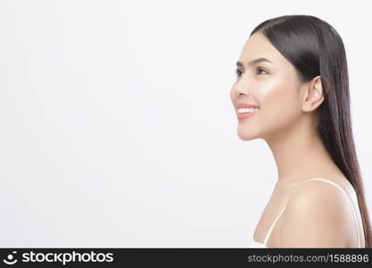 A portrait of young beautiful woman with smooth healthy skin on white background , Skincare concept . Portrait of young beautiful woman with smooth healthy skin on white background , Skincare concept