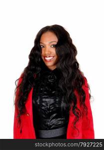 A portrait picture of a African American lady in a black blouseand red jacket, isolated for white background.